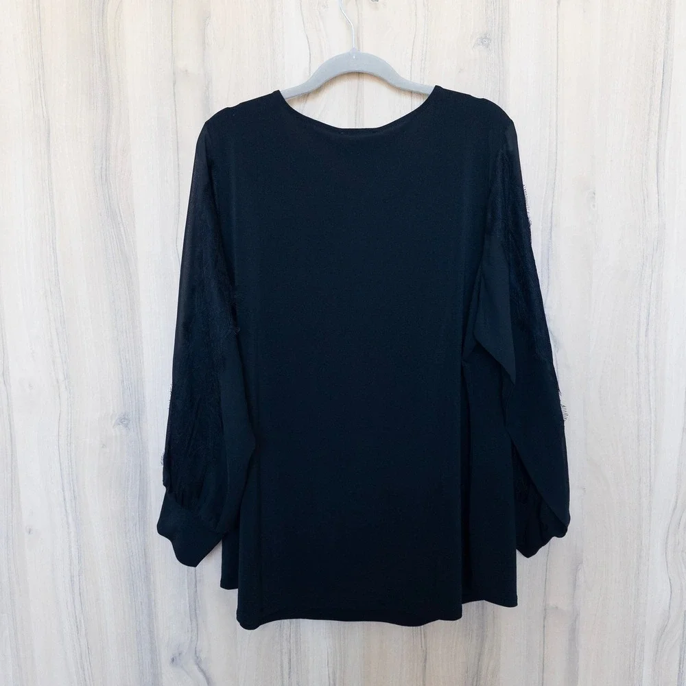 Adrianna Papell Womens Blouse 2X Black Mesh Sleeve Career Dressy‎ Whimsical Chic